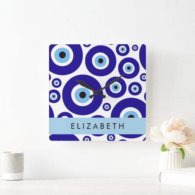 Relógio Quadrado Evil Eye, Greek Eye, Turkish Eye, Mati, Your Name (Lar)