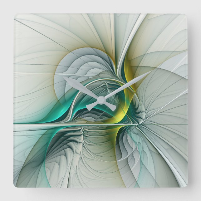 Relógio Quadrado Evolução Fractal, Turquesa Ouro (Frente)