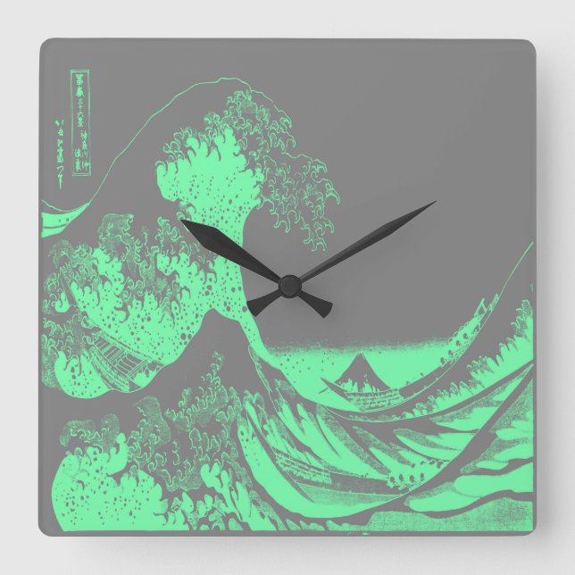 Relógio Quadrado Excelente Wave Seafoam Green & Cinza Clock (Frente)