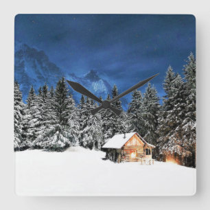 Relógio Quadrado Exibição de Montanha de Cabina de Log