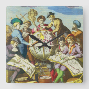 Relógio Quadrado Exploradores Vintage com Mapa Globo Antigo, 1542