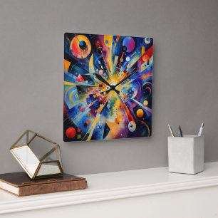 Relógio Quadrado Explosão Geométrica Cósmica Abstrata