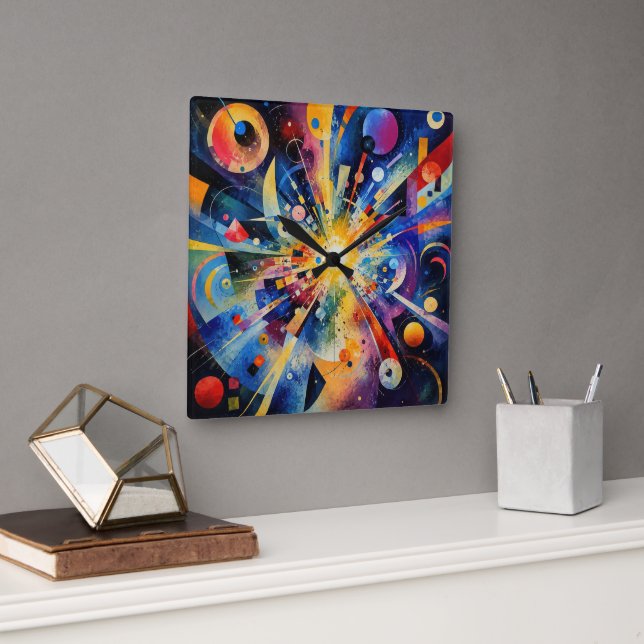 Relógio Quadrado Explosão Geométrica Cósmica Abstrata (Escritório)