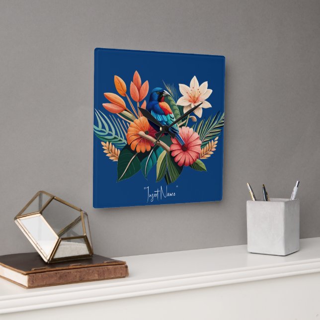 Relógio Quadrado Êxtase Tropical: Uma Fusão Vibrante de Flora (Escritório)