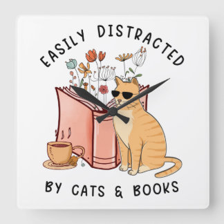 Relógio Quadrado Fácil Distração Por Gatos E Livros