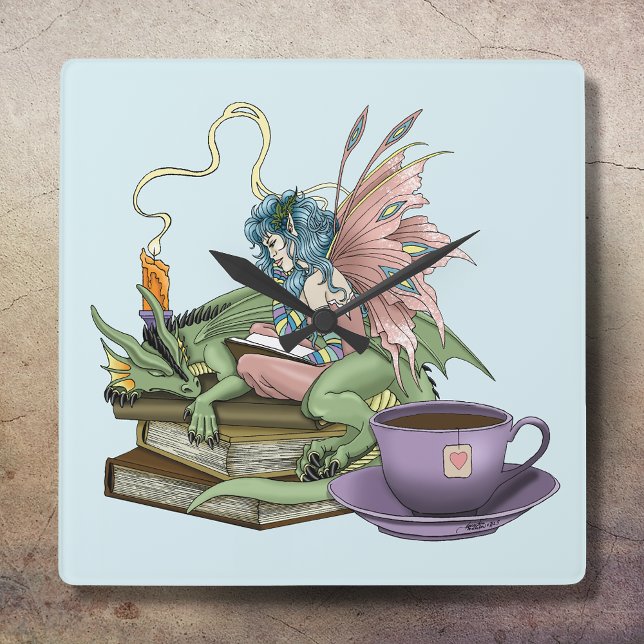 Relógio Quadrado Fairy Dragon Books Tea Friendship  (Criador carregado)