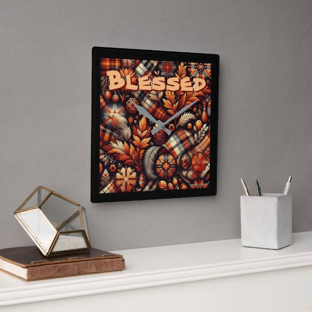 Relógio Quadrado Fall Autumn Plaid Leaves Orange Personalized (Escritório)