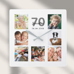 Relógio Quadrado família de colagens personalizadas de fotografias<br><div class="desc">Um relógio de parede como presente para um 70 de aniversário para uma mulher,  celebrando sua vida com uma colagem de 7 fotos suas. Personalize e adicione um nome,  70 anos e uma data. Data de nascimento ou data do aniversário. Letras pretas e cinzas coloridas. Um fundo branco chic.</div>