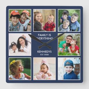 Relógio Quadrado Família é tudo 8 foto colagem nome azul