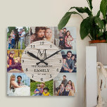 Relógio Quadrado Family Photo Collage Rustic Farmhouse Monogram<br><div class="desc">Celebrate your favorite memories with this Family Photo Collage Rustic Farmhouse Monogram Square Wall Clock. This rustic farmhouse design features a pale white vintage wood grain background inspired by farmhouse cottage wood planks, creating a warm and cozy look for your home. Personalize your family name, monogram initial, and established date...</div>