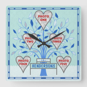 Relógio Quadrado Family Tree Custom 5 Photo Collage Winter Frost