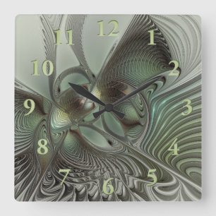 Relógio Quadrado Fantasia de Arte Fractal da Cinza Olive Sage