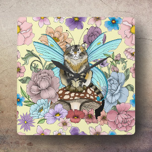 Relógio Quadrado Fantasia Floral de Gato Fada Tabby Pastel Capricho