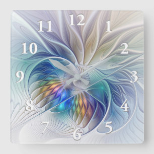 Relógio Quadrado Fantasia Floral, Flor Abstracta Colorida Fractal