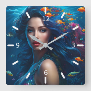 Relógio Quadrado Fantasy Belíssima Sereia Azul