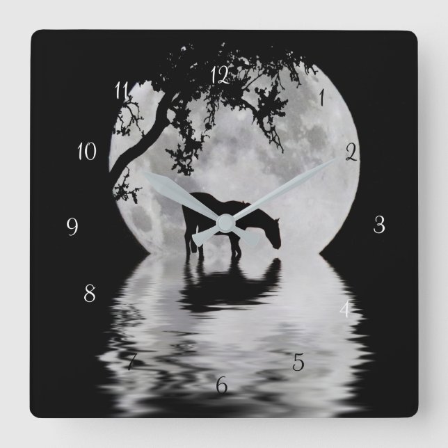 Relógio Quadrado Fantasy Full Moon and Horse Country (Frente)