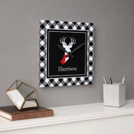 Relógio Quadrado Farmhouse Black White Xadrez Deer Personalizado