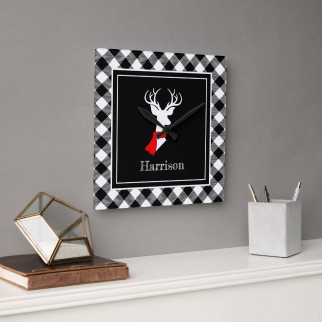 Relógio Quadrado Farmhouse Black White Xadrez Deer Personalizado (Escritório)