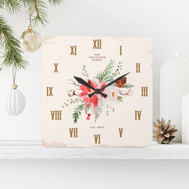 Relógio Quadrado Farmhouse Christmas Winter Poinsettia Russo (Christmas Clock - Rustic Farmhouse Vintage Poinsettia Winter Greenery)