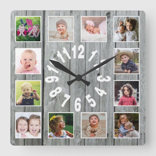 Relógio Quadrado Farmhouse da Colagem de Fotos da Família cinza Woo (Frente)