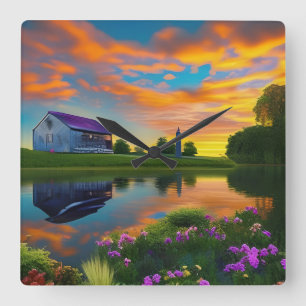 Relógio Quadrado Farmhouse Purple Roof Pond em Sunrise