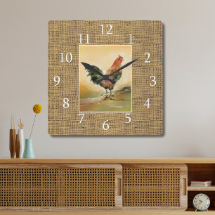 Relógio Quadrado Farmhouse Rooster Russo Burlap Jute