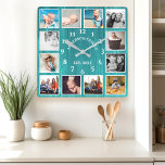 Relógio Quadrado Farmhouse Rustic Teal Barn Wood 12 Colagem de Foto<br><div class="desc">Mostre suas lembranças familiares queridas com este relógio de colagem de madeira do celeiro rústico. Este relógio personalizado apresenta um design de grãos de madeira e espaço para 12 das suas fotos favoritas. Adicione seu nome de família e ano estabelecido para um toque exclusivo e sentimental. Perfeito para uma cozinha...</div>