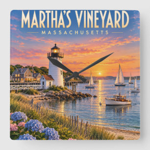 Relógio Quadrado Faro do Pôr do Sol Martha's Vineyard Massachusetts