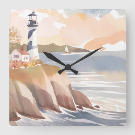 Relógio Quadrado Farol na margem | Oceano de Aquarela