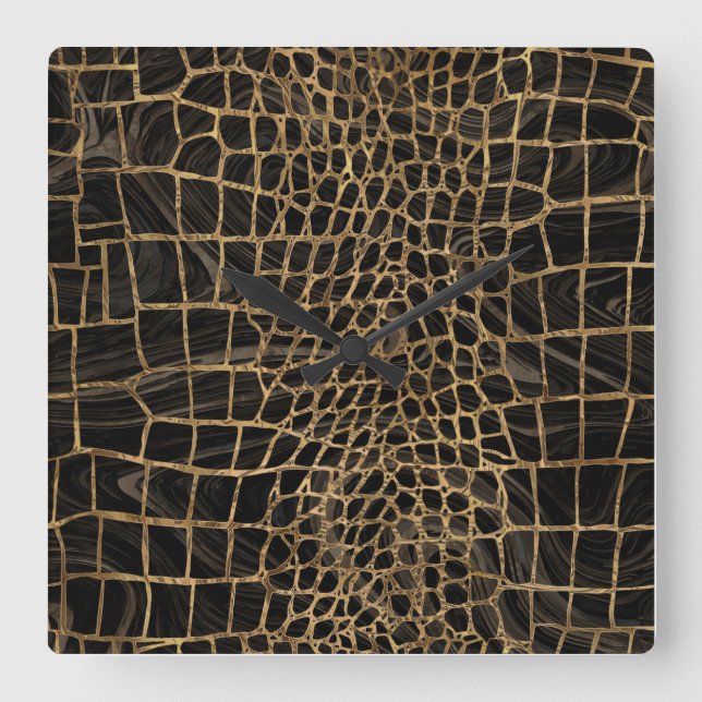 Relógio Quadrado Faux Crocodilo Negro Mármore líquido e ouro (Frente)