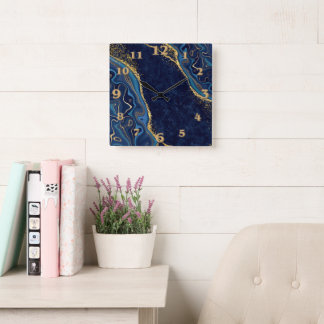 Relógio Quadrado Faux Marble Navy Gold Shades