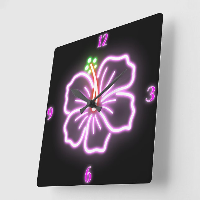 Relógio Quadrado Faux Neon Hibiscus Wall Clock (Ângulo)