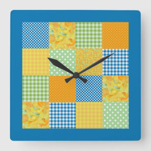 Relógio Quadrado Faux Patchwork, Daffodils, Polkas, Checks on Blue