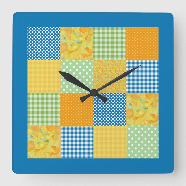 Relógio Quadrado Faux Patchwork, Daffodils, Polkas, Checks on Blue (Frente)