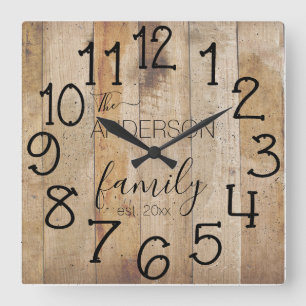 Relógio Quadrado Faux Wood Farmhouse Nome da Família Farmhouse
