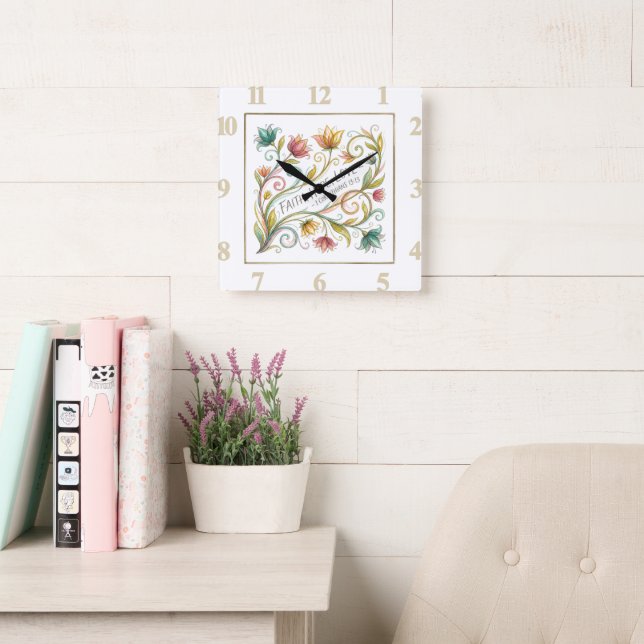 Relógio Quadrado Fé Esperança Amor floral (Sala de leitura)