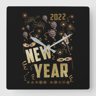 Relógio Quadrado feliz ano novo 2022, Glitter Dourado festivo