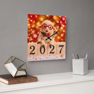 Relógio Quadrado Feliz Ano Novo 2027 Ano do Bode/Carnero