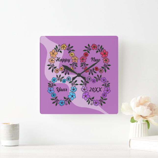 RELÓGIO QUADRADO FELIZ ANO NOVO 20XX PERSONALIZADO E FLOWERS WREATH (Lar)