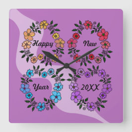 RELÓGIO QUADRADO FELIZ ANO NOVO 20XX PERSONALIZADO E FLOWERS WREATH