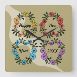 RELÓGIO QUADRADO FELIZ ANO NOVO 20XX PERSONALIZADO E FLOWERS WREATH