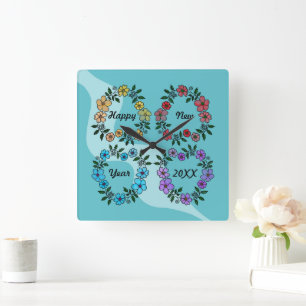 RELÓGIO QUADRADO FELIZ ANO NOVO 20XX PERSONALIZADO E FLOWERS WREATH