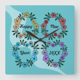 RELÓGIO QUADRADO FELIZ ANO NOVO 20XX PERSONALIZADO E FLOWERS WREATH