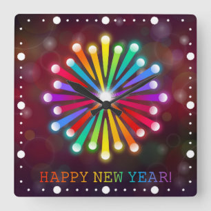 Relógio Quadrado Feliz Ano Novo Design de Fogos de Artifício-11231