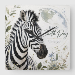 Relógio Quadrado Feliz Dia da Terra Zebra Fauna