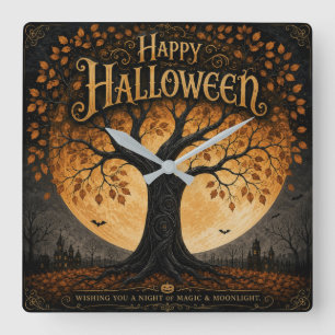 Relógio Quadrado Feliz Halloween Árvore Assustadora Lua Cheia Gótic