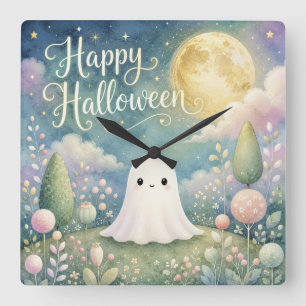 Relógio Quadrado Feliz Halloween Fantasma Fofo Jardim Pastel