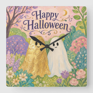 Relógio Quadrado Feliz Halloween Jardim de Flores Fantasma Fofa