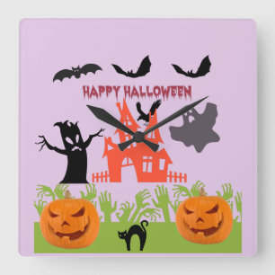 Relógio Quadrado Feliz Halloween Tronco de Árvore Ameaçadora, Morce