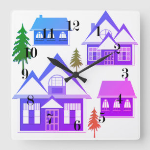 Relógio Quadrado Feliz Natal, casas cor-de-rosa violeta verde